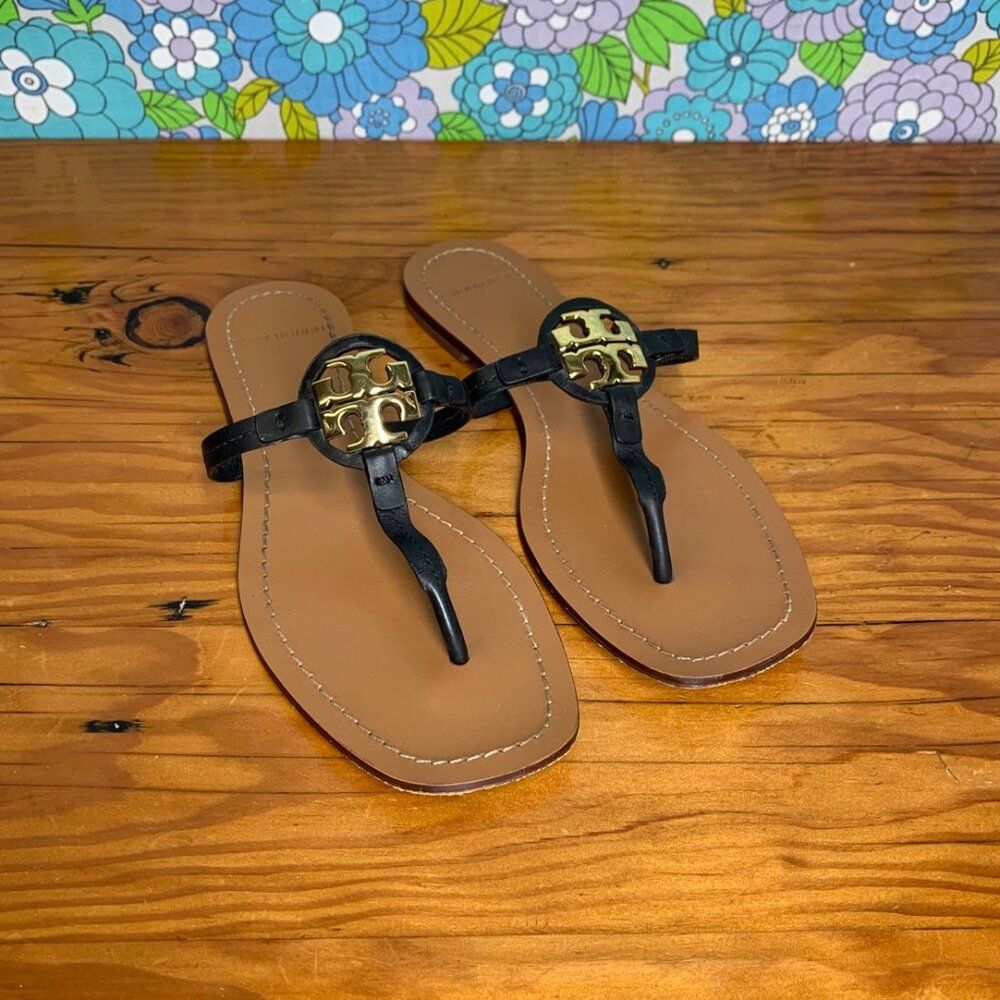 Tory Burch Mini Miller Vintage Vachetta Black LeatherThong Sandals Size: 8